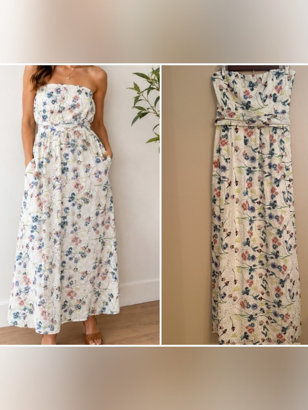 Strapless White Floral Eyelet Maxi Dress